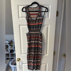 Ronny Kobo Collection Striped Cutout Midi Dress in Black, Orange and Cream